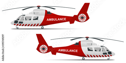 Rescue helicopter side view on a isolated white background. Red medical evacuation helicopter. Ambulance helicopter. Healthcare, hospital and medical diagnostics.