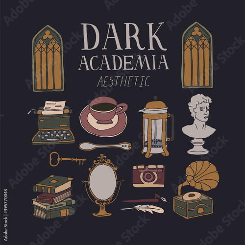 Dark Academia room set. Vintage elements collection. Bust, french press, typewriter, stacks of books and gramophone. Hand written lettering. Antique aesthetic vector illustration. Gothic architecture