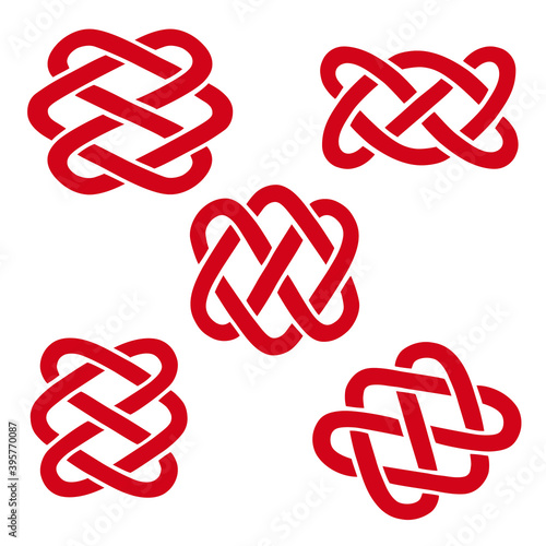 Chinese red knots - different template for design. Traditional asian auspicious symbols. Vector set of 5.