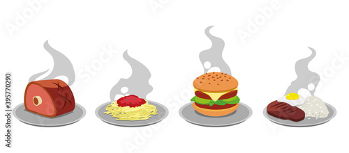 Vector Meal Food Illustration. Collection of Hot food Items on Dishes 
