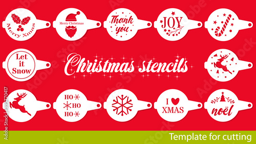Christmas collection of coffee stencils. Silhouettes of Christmas tree, snowflakes, reindeer, holly, candy cane. Template for cutting. Vector Eps 10 