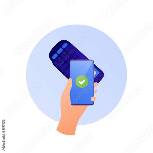 Contactless payment concept. Vector flat illustration. Hand holding smartphone with checkmark on screen. Wireless bank reader terminal. Design for contact less technology, cashless transaction.
