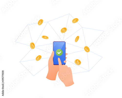 Contactless payment concept. Vector flat illustration. Hand holding and tap smartphone with checkmark on screen. Online bank transaction network. Coin money symbol. Design for cashless technology.