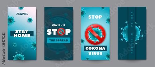 Creative blue design set for Stop covid-19 coronavirus vector sign. Stop covid-19 text with corona virus icon in blue pattern background for global covid19 outbreak. Vector illustration.