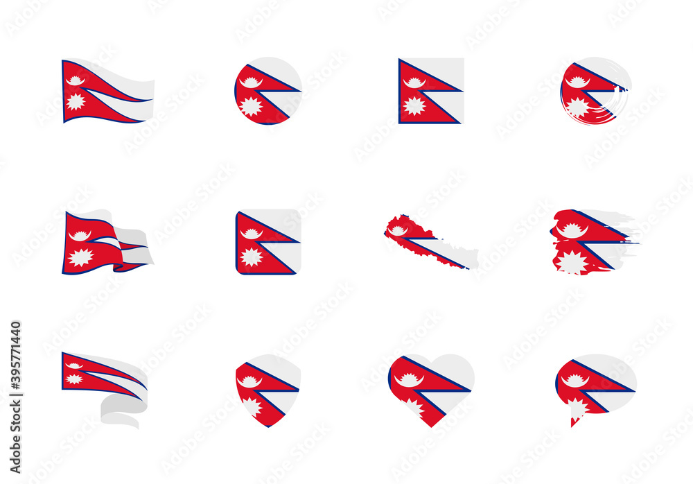 Nepal flag - flat collection. Flags of different shaped twelve flat icons.