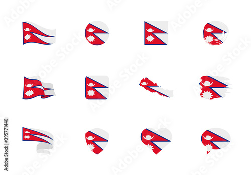 Nepal flag - flat collection. Flags of different shaped twelve flat icons.