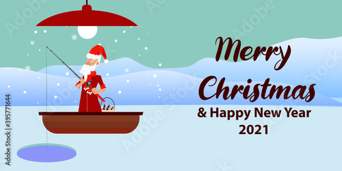 Merry christmas and new year vector background with fisherman characters fishing on frozen lake.