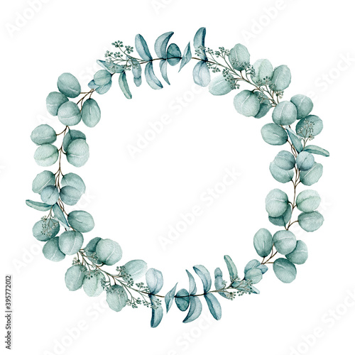 Watercolor hand drawn eucalyptus wreath. Round hand painted green eucalyptus leaves and branches exotic frame isolated on white background. For design, wedding