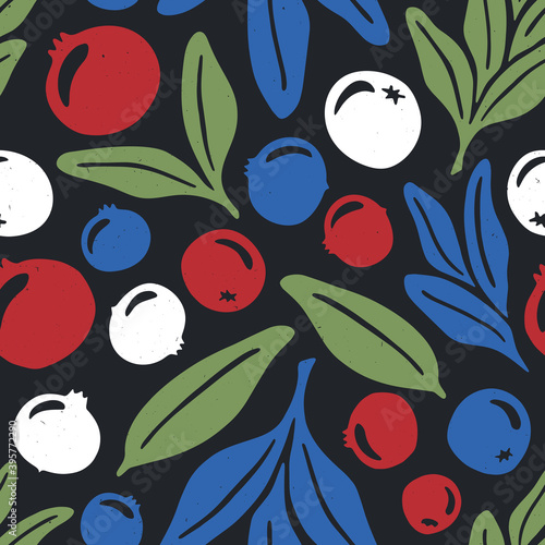 Cute leaves and berries seamless pattern. Ripe cranberry, cranberry lobules and leaves on dark background. Bright, contrasting, shabby hand drawn illustration