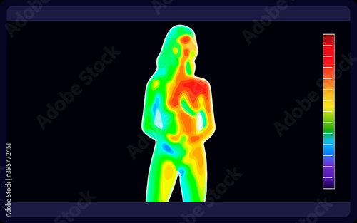 Vector graphic of thermal image scanning beautiful naked female body on black background. Electromagnetic spectrum. Naked sensual beautiful girl. Beautiful nude body of sensuality elegant lady.