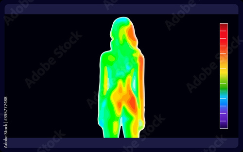 Vector graphic of thermographic image of back view of a woman on black background. Electromagnetic spectrum. Naked sensual beautiful girl. Beautiful nude body of sensuality elegant lady. vector eps10