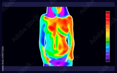 Vector graphic of thermal image scanning beautiful naked female body on black background. Electromagnetic spectrum. Naked sensual beautiful girl. Beautiful nude body of sensuality elegant lady.
