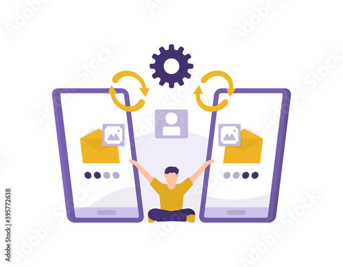 the concept of synchronizing data or messages between two devices automatically. email sync. share or send files. man sitting between two smartphones. flat style. design element and icon