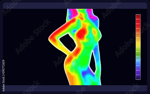 Vector graphic of thermal image scanning beautiful naked female body on black background. Electromagnetic spectrum. Naked sensual beautiful girl. Beautiful nude body of sensuality elegant lady.