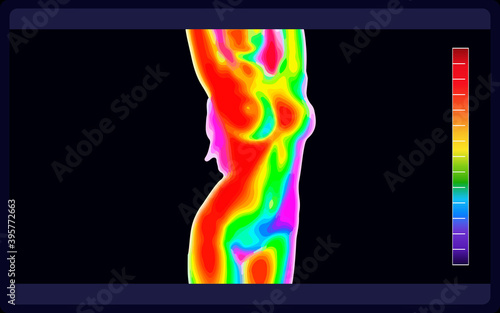Vector graphic of thermal image scanning beautiful naked female body on black background. Electromagnetic spectrum. Naked sensual beautiful girl. Beautiful nude body of sensuality elegant lady.