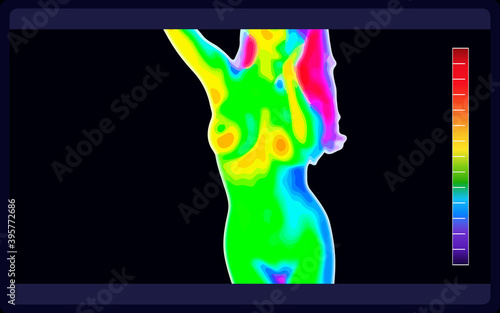 Vector graphic of thermal image scanning beautiful naked female body on black background. Electromagnetic spectrum. Naked sensual beautiful girl. Beautiful nude body of sensuality elegant lady.