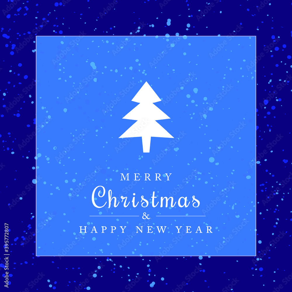Digital Merry christmas and Happy new year card. Blue vector background with splatter of light blue snow and white christmas tree. Minimalist christmas design