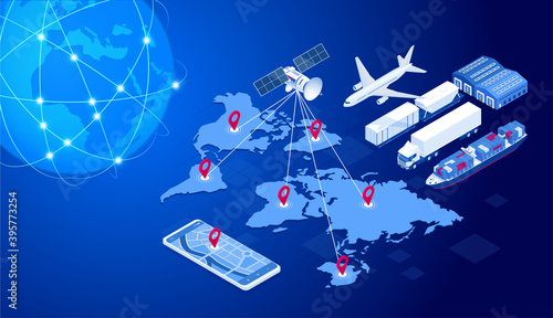 Isometric Global logistics network concept. Freight shipping. Satellite tracks the movement of freight transport. Maritime, air shipping transport logistic, warehouse storage concept, export or import
