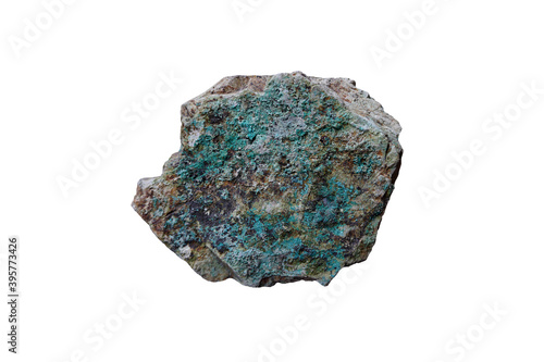 malachite rock isolated on a white background. Copper carbonate hydroxide mineral.