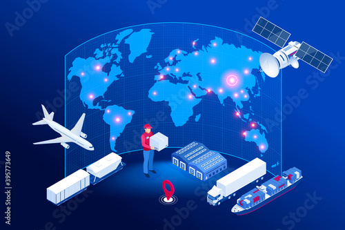 Isometric Global logistics network concept. Freight shipping. Satellite tracks the movement of freight transport. Maritime, air shipping transport logistic, warehouse storage concept, export or import