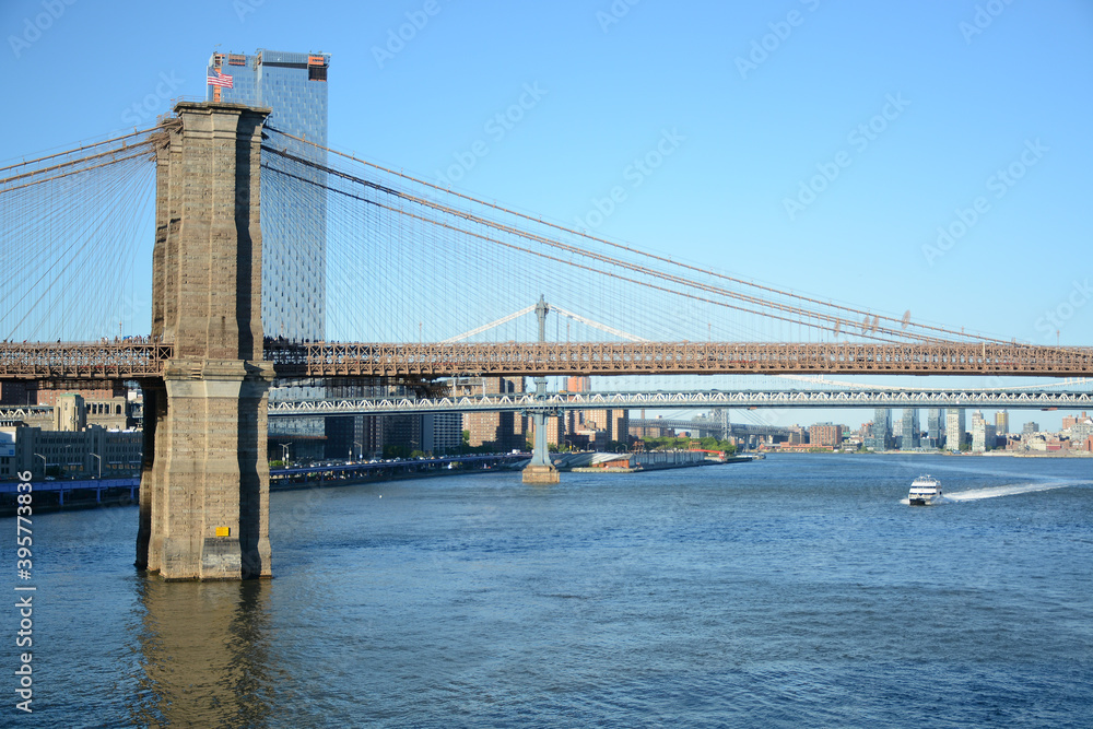 New York, NY, USA - JUNE 2, 2019: View to Brooklyn Bridge from Pier 15