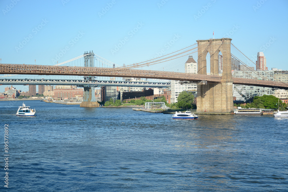 New York, NY, USA - JUNE 2, 2019: View to Brooklyn Bridge from Pier 15