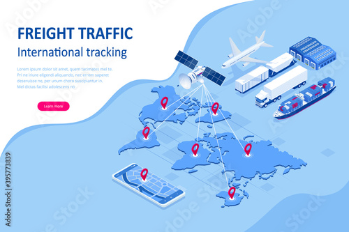 Isometric Global logistics network concept. Freight shipping. Satellite tracks the movement of freight transport. Maritime, air shipping transport logistic, warehouse storage concept, export or import