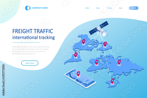 Isometric Global logistics network concept. Freight shipping. Satellite tracks the movement of freight transport. Maritime, air shipping transport logistic, warehouse storage concept, export or import