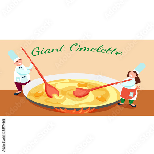 Giant Omelette Celebration. Two cute chefs cooking giant omelet for celebration. Big pan with fried eggs