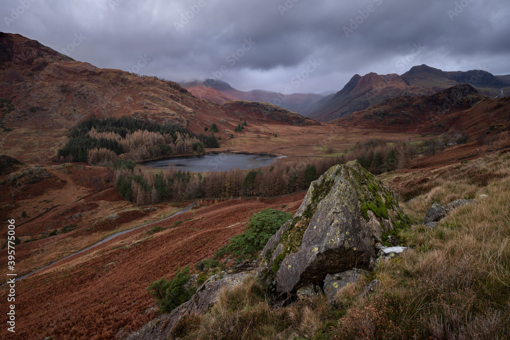 Obraz premium Scenic view of remote landscape Blea Tarn from Birk Knott in the Lake District. Taken on a dull morning with moody clouds in the sky.