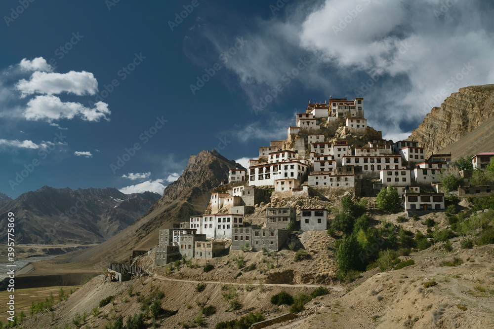 Ancient Key monastery flanked by Himalayas and Spiti river, Kaza,, India.