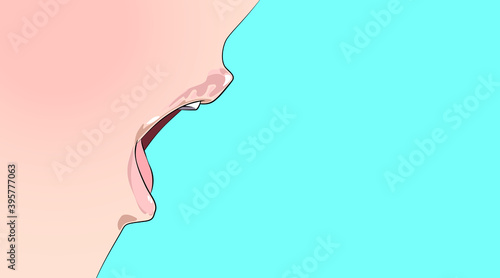 Girl, woman, open mouth in flat vintage style, background. Says or moans, breathing. Face close up, retro design backdrop. Vector illustration.