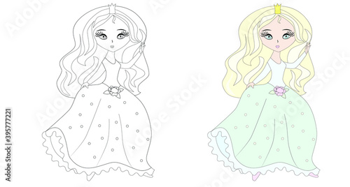Beautiful  princess wearing long ball dress with rose. Big cartoon eyes and head. Hand drawn contour vector illustration for coloring book, children game, tattoo.