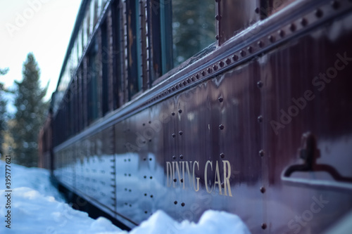 Classic train in the snow in winter, dining car