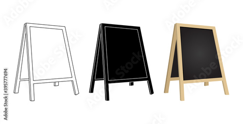 Street chalk board set. Illustration of Blank cafe Sidewalk billboard. Collection of empty outside information stand board. Outline,silhouette and color cartoon image.