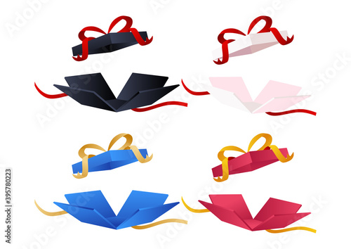 New Isolated Vector Set of Unpacked Gift Boxes. Suitable for sales and contests. Open black frame with red ribbon photo