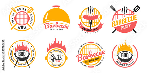 Barbecue and grill labels, badges, logos and emblems. Set vector illustrations. Steak house. Steak house restaurant menu design elements flyer or poster on black backdrop