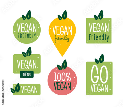 Vegan icon set. Bio, Ecology, Organic logos and icon, label, tag. Green leaf icon on white background.