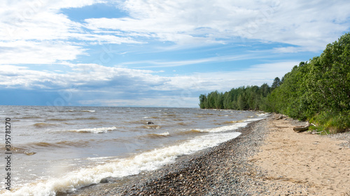 shore of lake Onega in cloudy weather 
