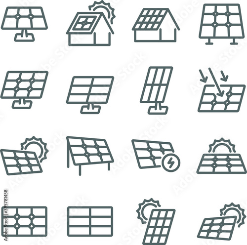 Solar cell icon illustration vector set. Contains such icons as Cell, solar, electric, energy, sun, ecology, power, and more. Expanded Stroke