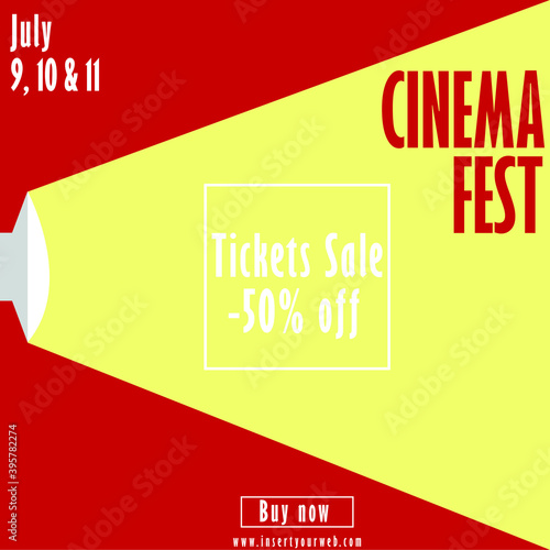 Film festival flyer. Tickets at 50% discount. Drawing of projector emitting light and red background.