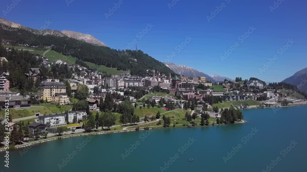Aerial panorama of St. Moritz (Sankt Moritz), high Alpine resort town in the Engadine, Graubunden, Switzerland. 2.5x speeded up from 24 fps. Aerial panorama of St. Moritz (Sankt Moritz), high Alpine resort town in the Engadine, Graubunden, Switzerland. 2.5x speeded up from 24 fps.