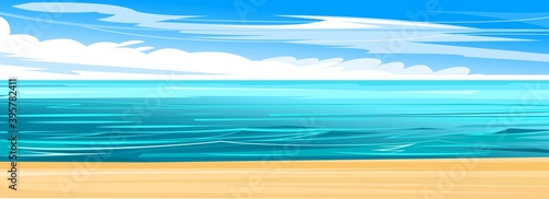 Seaside. Yellow coastal sand. Tidal bore. Foamy waves of the sea. Skyline with clouds and blue sky. Flat style. Water landscape.