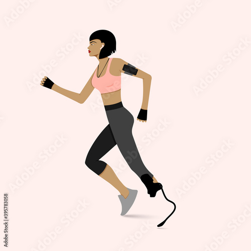 Woman running disabled leg with prosthesis. vector illustration.