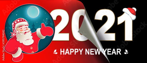 Christmas composition happy new year 2021, silhouette of Santa Claus, hand indicates the direction, page turned