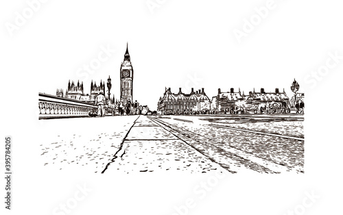 Building view with landmark of London is the 
capital of England. Hand drawn sketch illustration in vector.