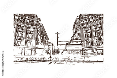 Building view with landmark of London is the 
capital of England. Hand drawn sketch illustration in vector.