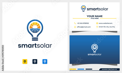 solar panel and sun energy logo with light bulb concept logo design and business card template