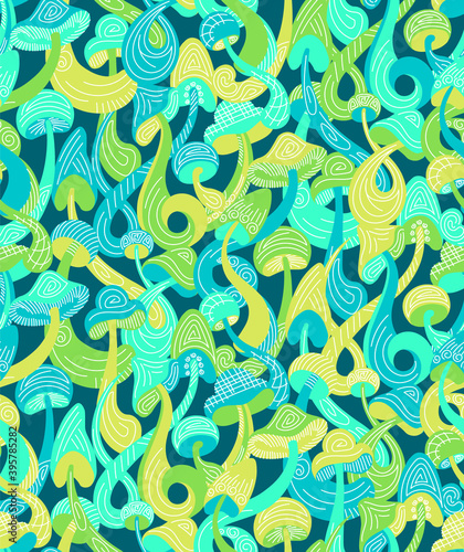 Fun colorful hallucinogenic mushrooms in a seamless vector repeat pattern.