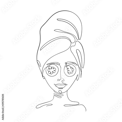 Vector illustration of a girl with a towel on her head and cucumbers in her eyes is drawn by one endless line. Cosmetic procedures at home, skin care